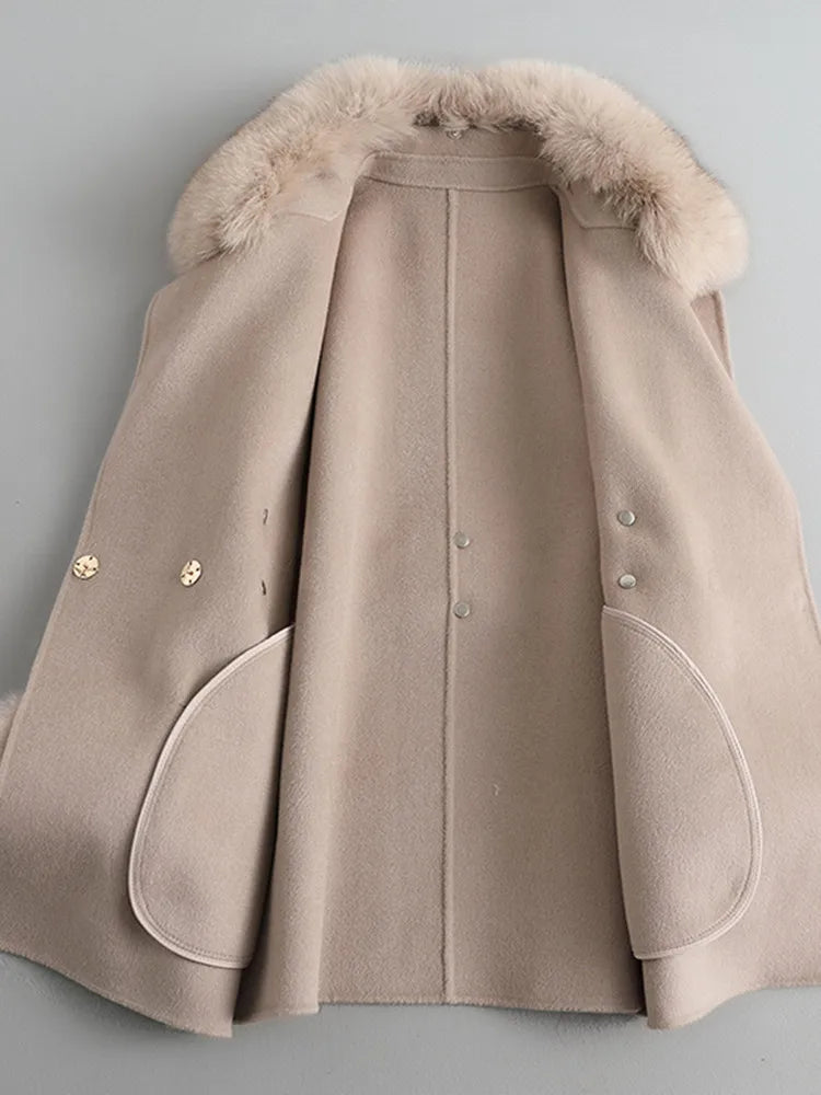 Women's Natural Fox Fur Collar Cashmere Wool Coat