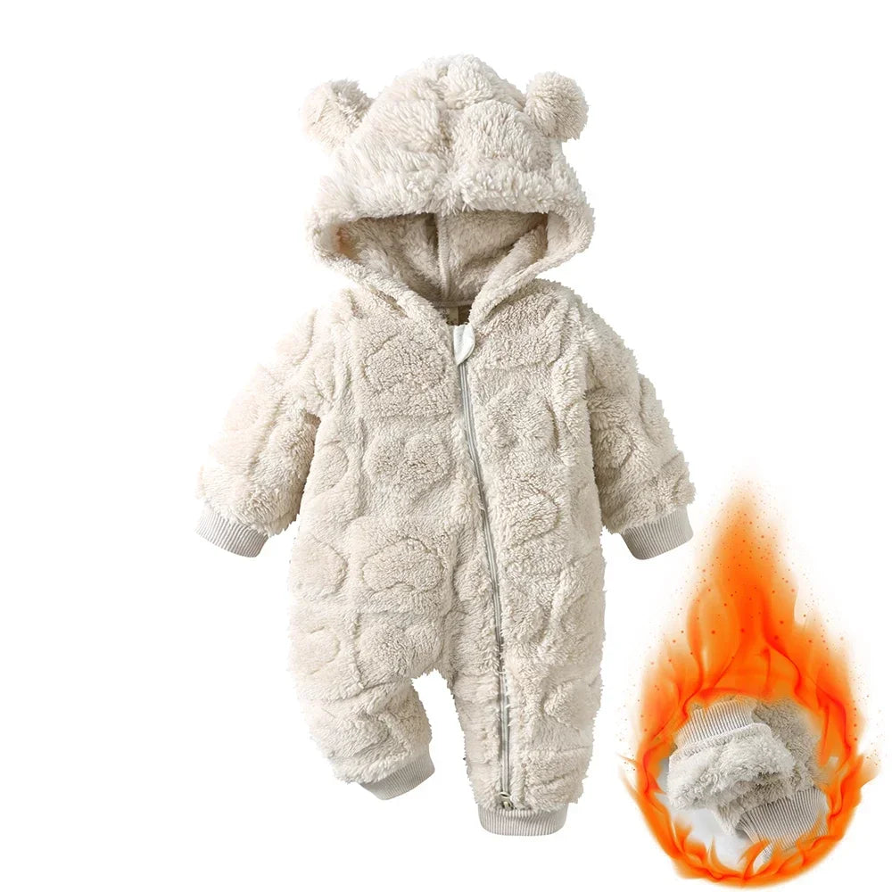 Newborn Baby Thicken Flannel Warm Hooded Jumpsuit Romper