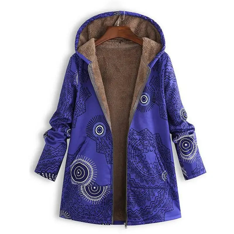 Women's Printed Hooded Long Sleeve Vintage Coat