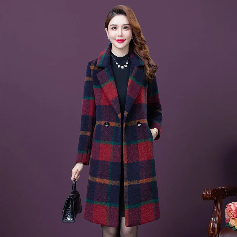 Women's Long Slim Fit Slim Temperament Plaid  Wool Coat