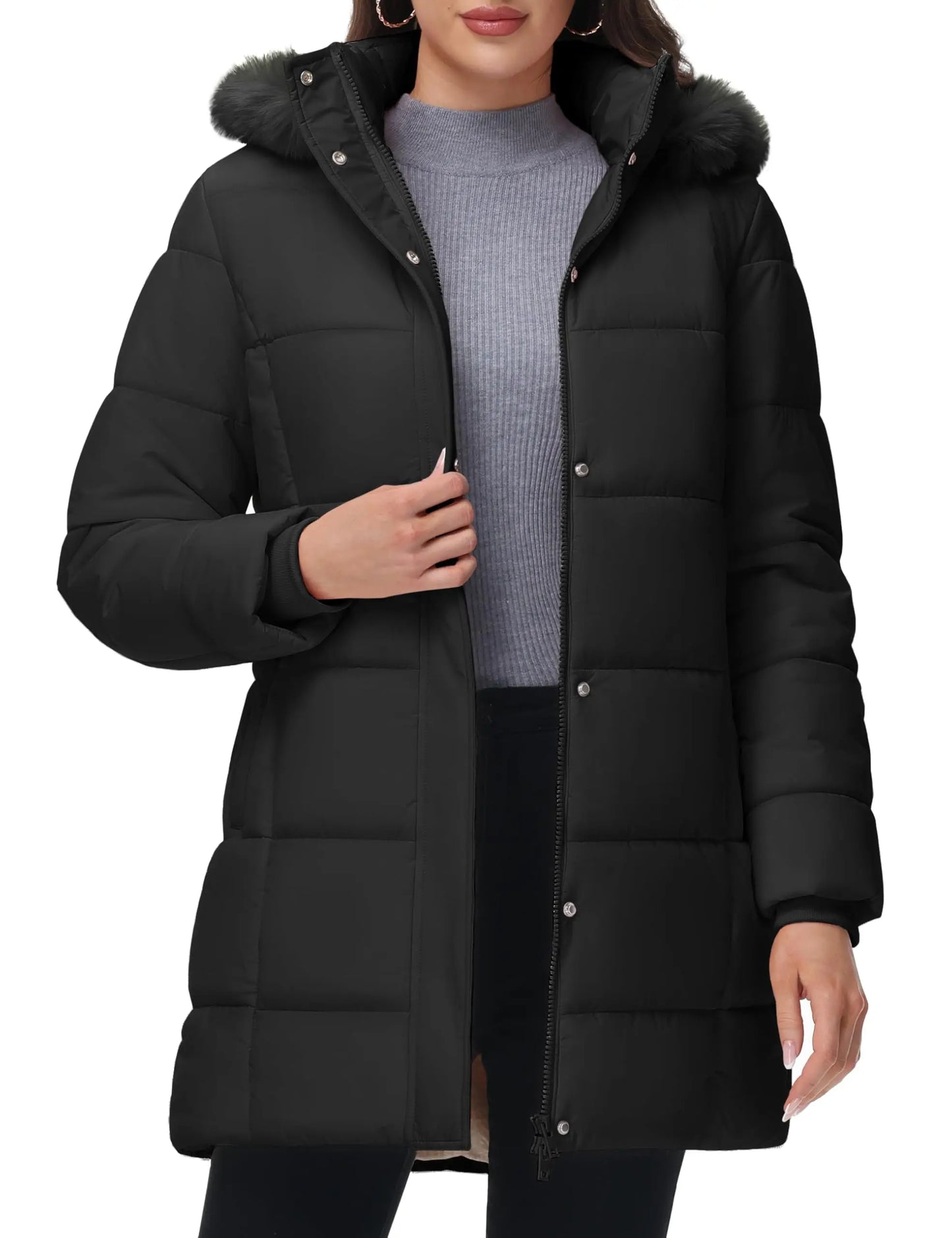 Women's Fleece Lined Ribbed Cuff Windproof Puffer Coat