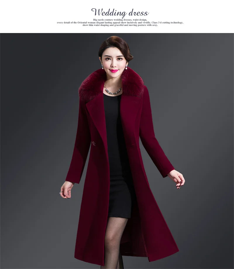 Women's Long Slim Fur Collar High Quality Coat