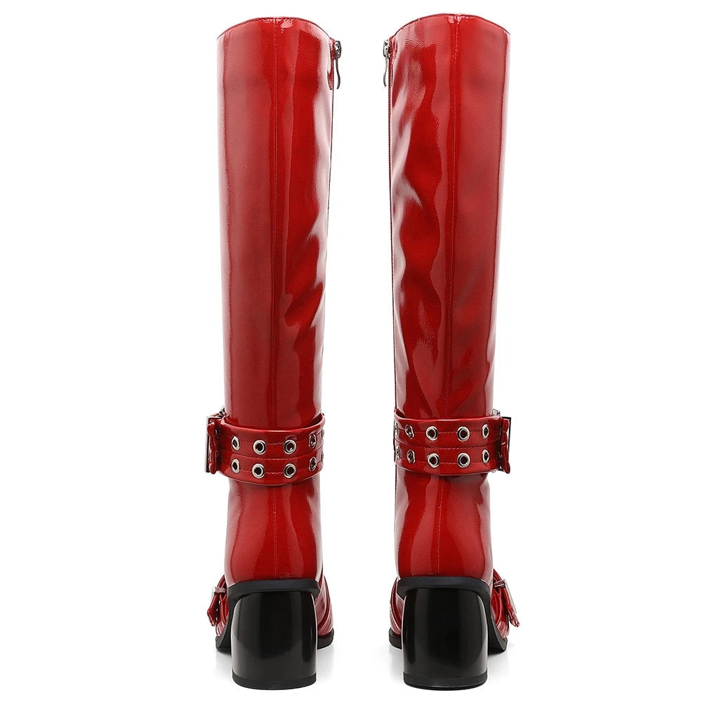 Women's Leather Metal Buckle Zipper Knee Boots