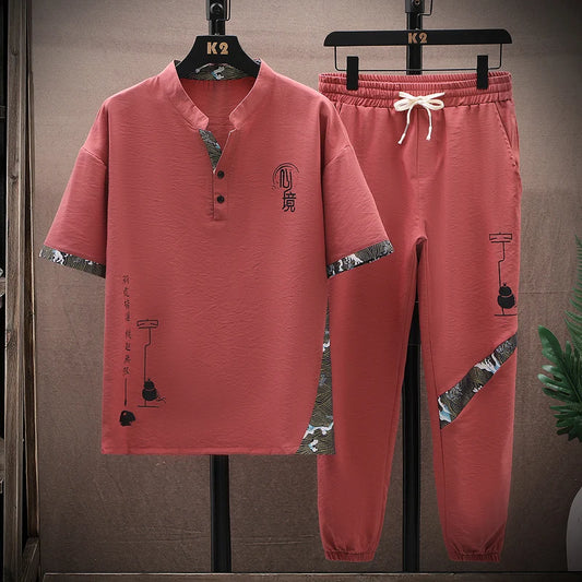 Men's 2Pcs Cotton Short Sleeve V-neck T Shirt Pants Set