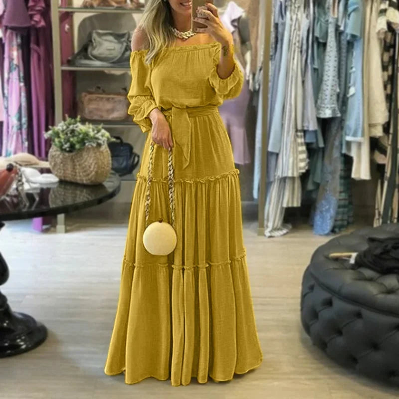 Women's Bohemian Style Off The Shoulder High Waist Ruffle Dress