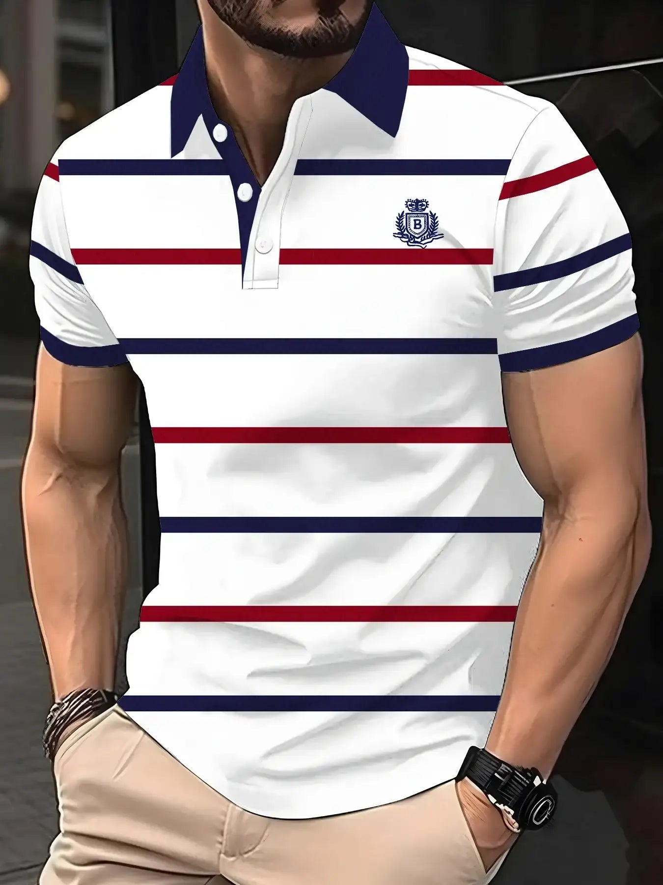 Men's Short Sleeved Striped Breathable Polo T-Shirt