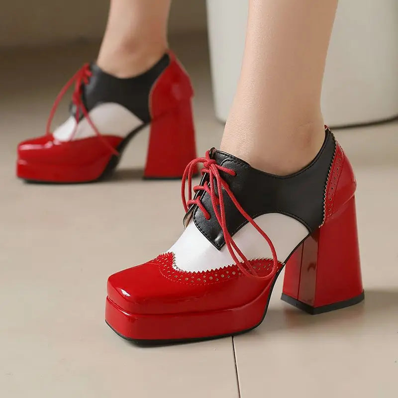 Women's Toe Chunky Heels Lace Up Pumps Shoes