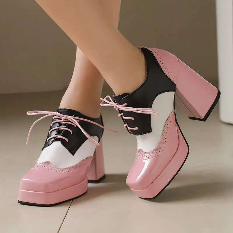 Women's Toe Chunky Heels Lace Up Pumps Shoes