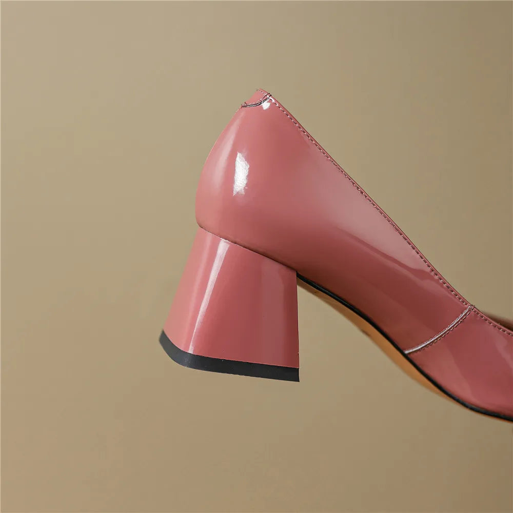 Women's Genuine Leather High Thick Heels Pumps Shoes