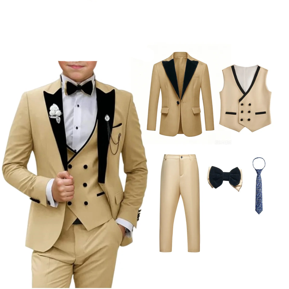 Boys 5Pcs Blazer Vest Pants Bow Tie Necktie Set