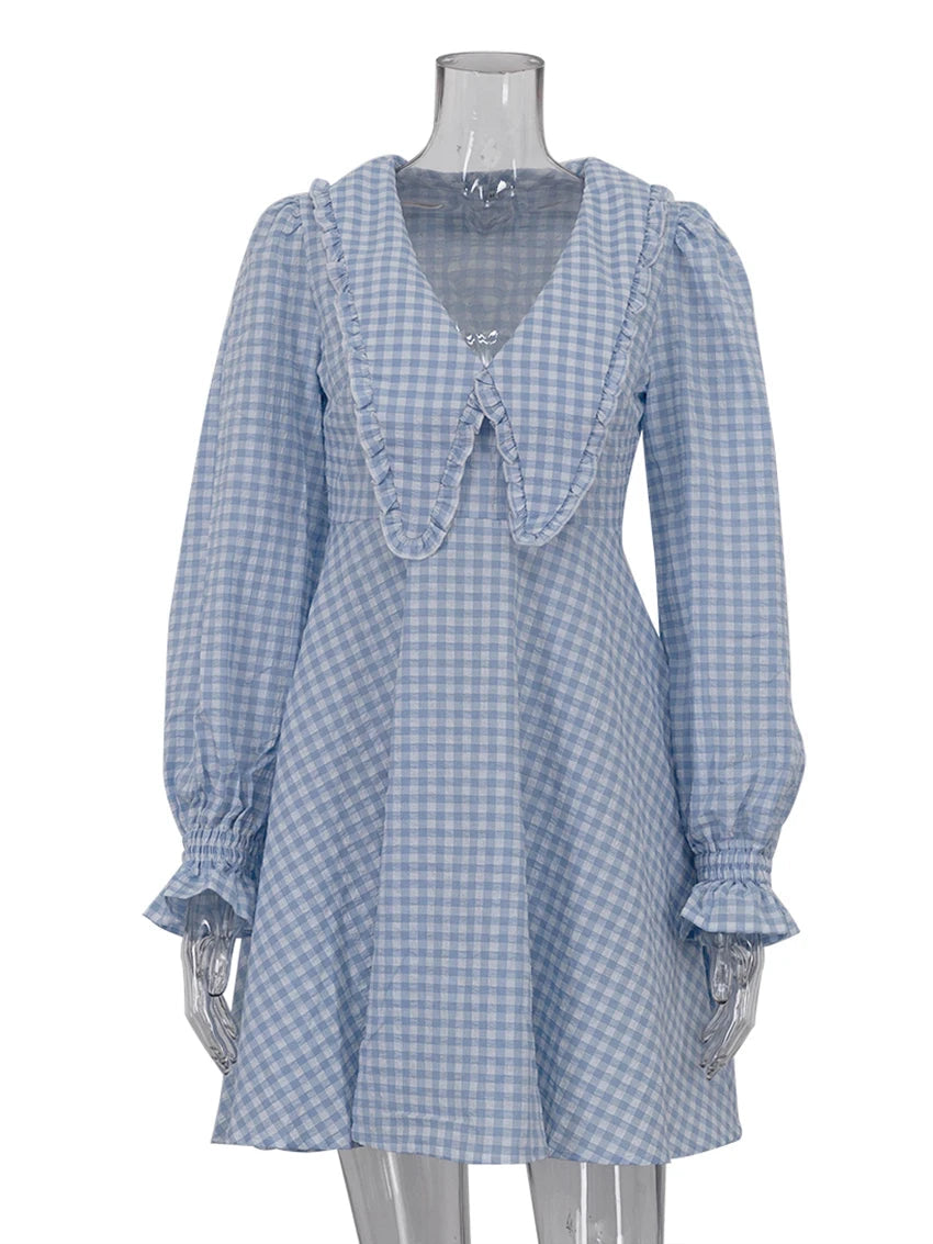 Women's Loose Plaid Cotton Doll Collar Long Sleeve Mini Dress