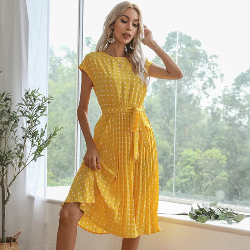 Women's High Waist Midi Elegant Pleated Polka Dots Dress