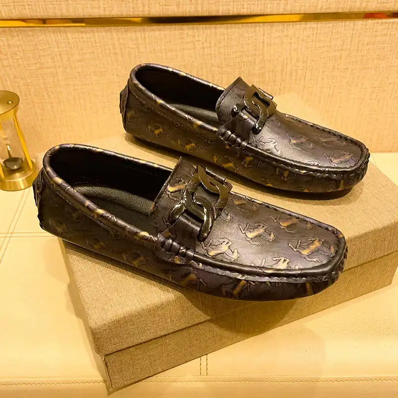 Men's Crocodile Print Leather Slip On Breathable Moccasins Shoes