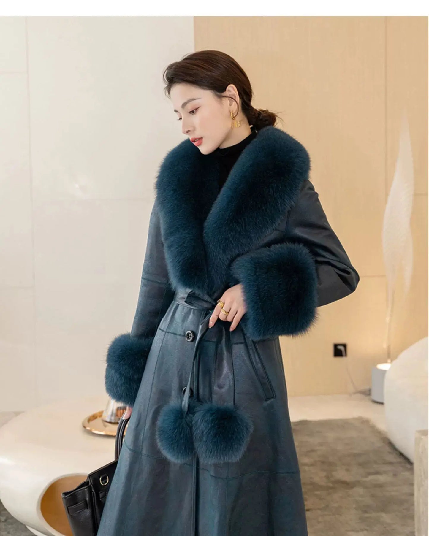 Women's Mid Length Rabbit Fur Fox Fur Collar Slim Fit Coat