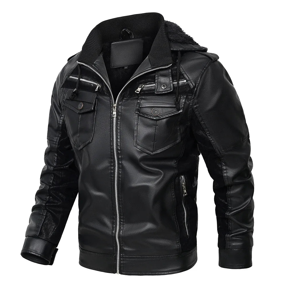 Men's Fur Leather Hooded Zipper Biker Jacket