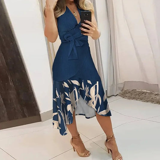 Women Casual V Neck Sleeveless Tie Up Pleated Slit Dress