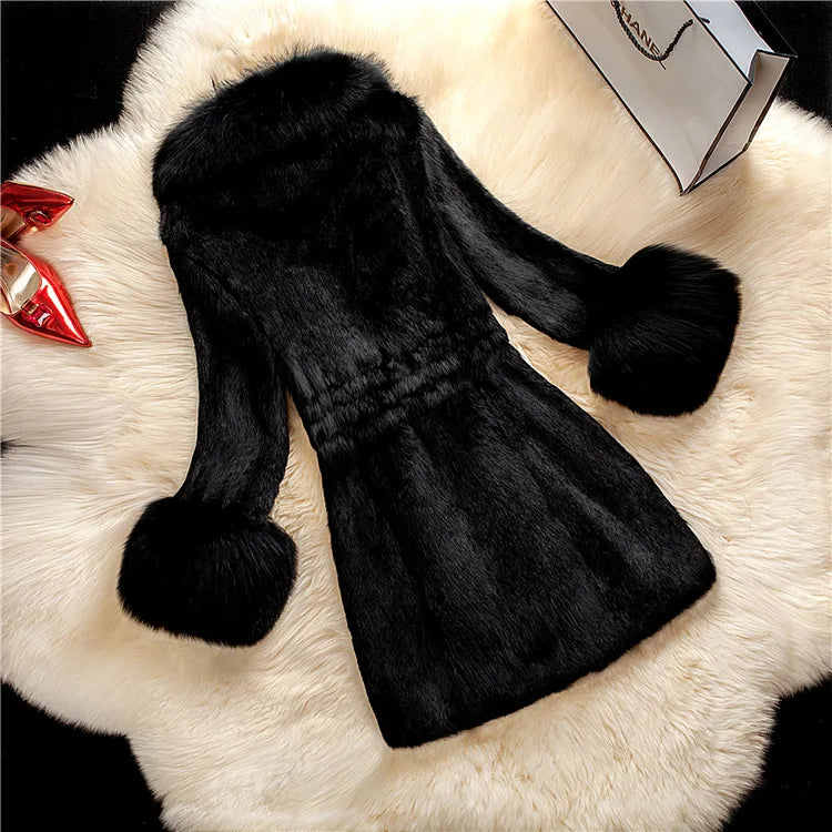 Women's Mid Length Large Size Fur Collar Coat