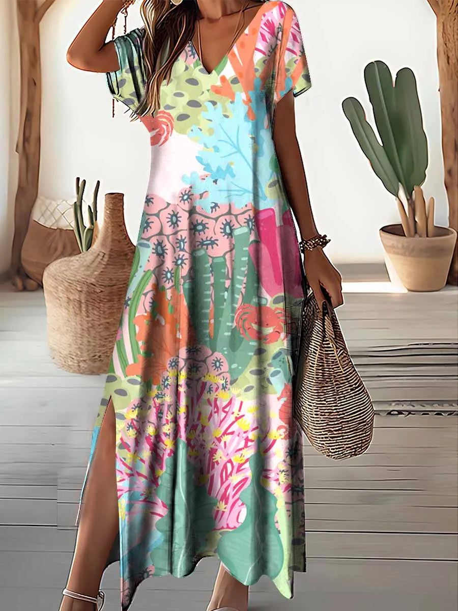 Women's Retro Floral Print Plus Size V-Neck Long Dress