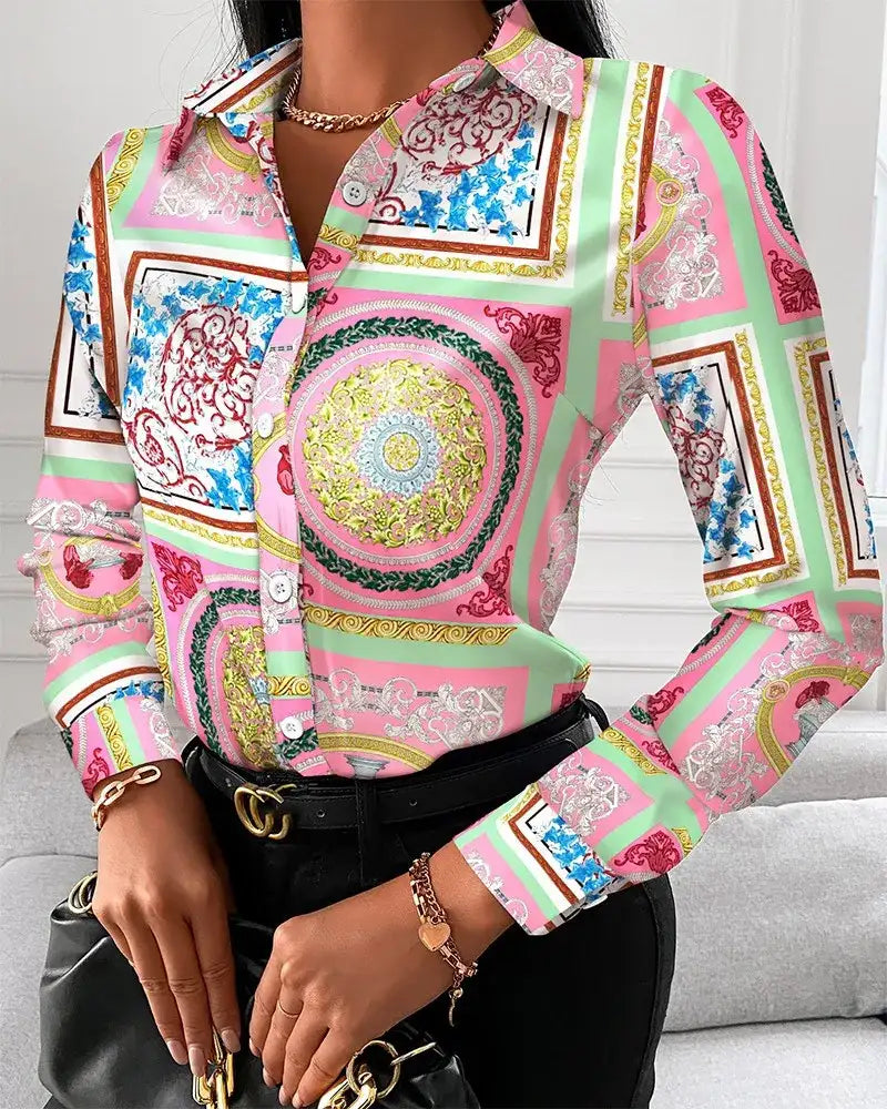Women Turn-Down Collar Long Sleeve Blouse Shirt