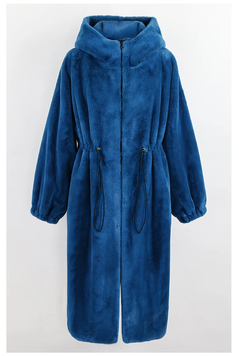 Women's Fluffy Faux Fur Hood Drawstring Waist Zip Up Coat