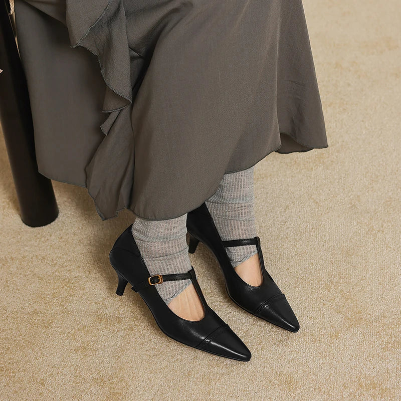 Women's Cow Leather T-Strap Pumps Shoes