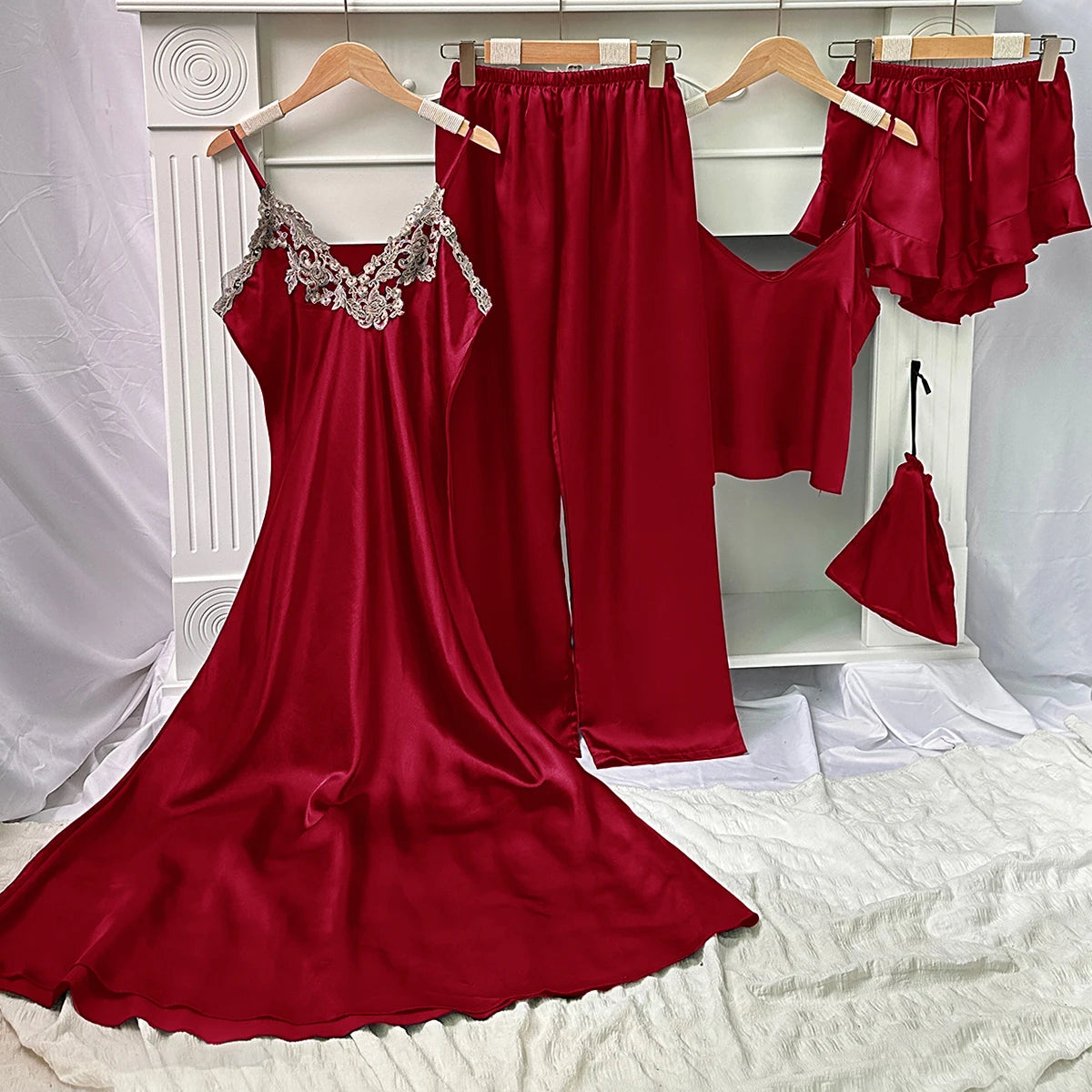 Women's 5Pcs Satin Lace Trim Top Ruffle Shorts Lounge Pants Loungewear Set