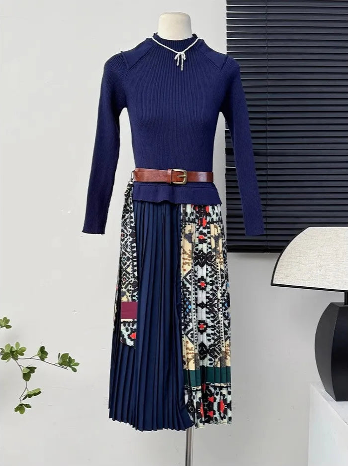 Women's Vintage Knitted A-Line Patchwork Turtleneck Dress