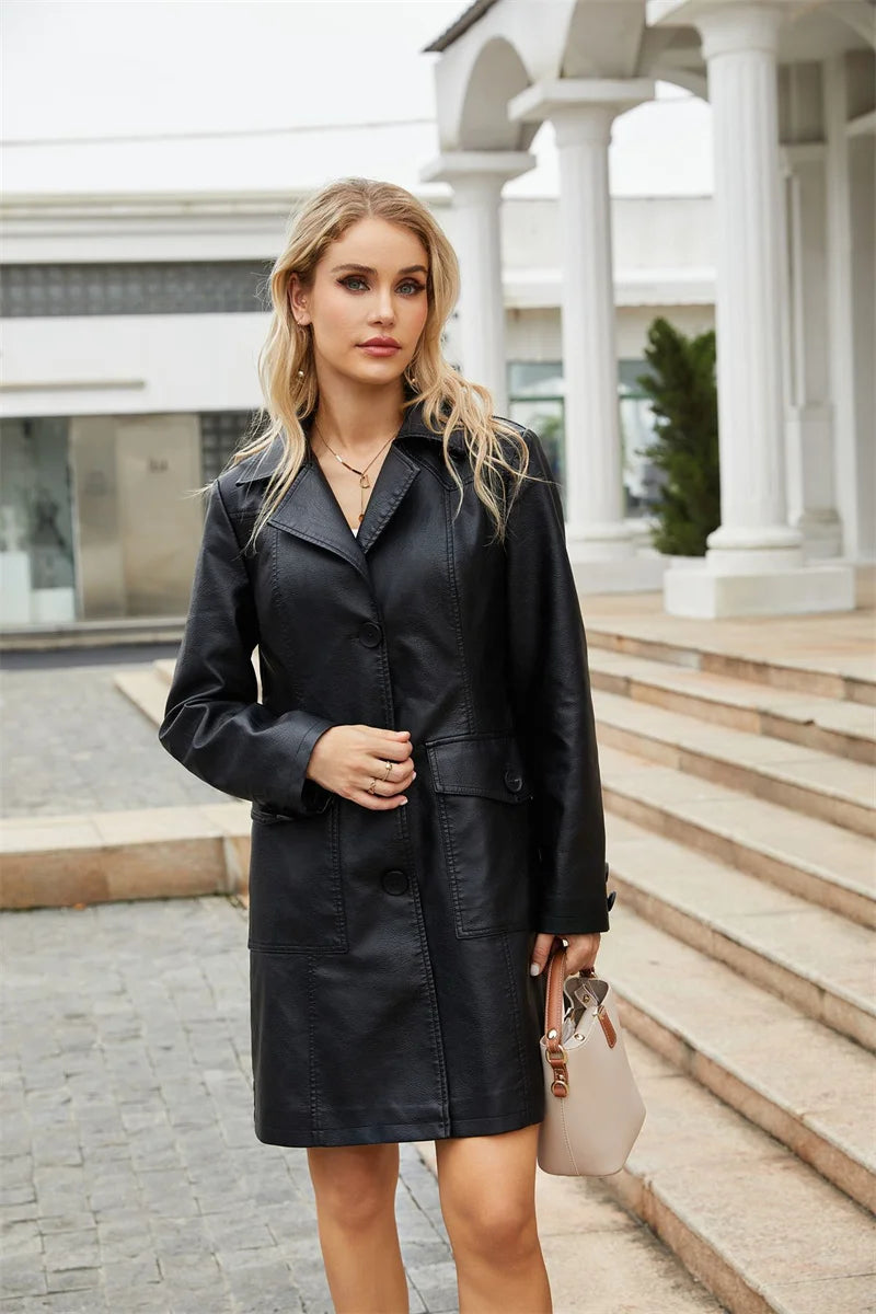 Women's Long sleeved Leather Windbreaker Coat