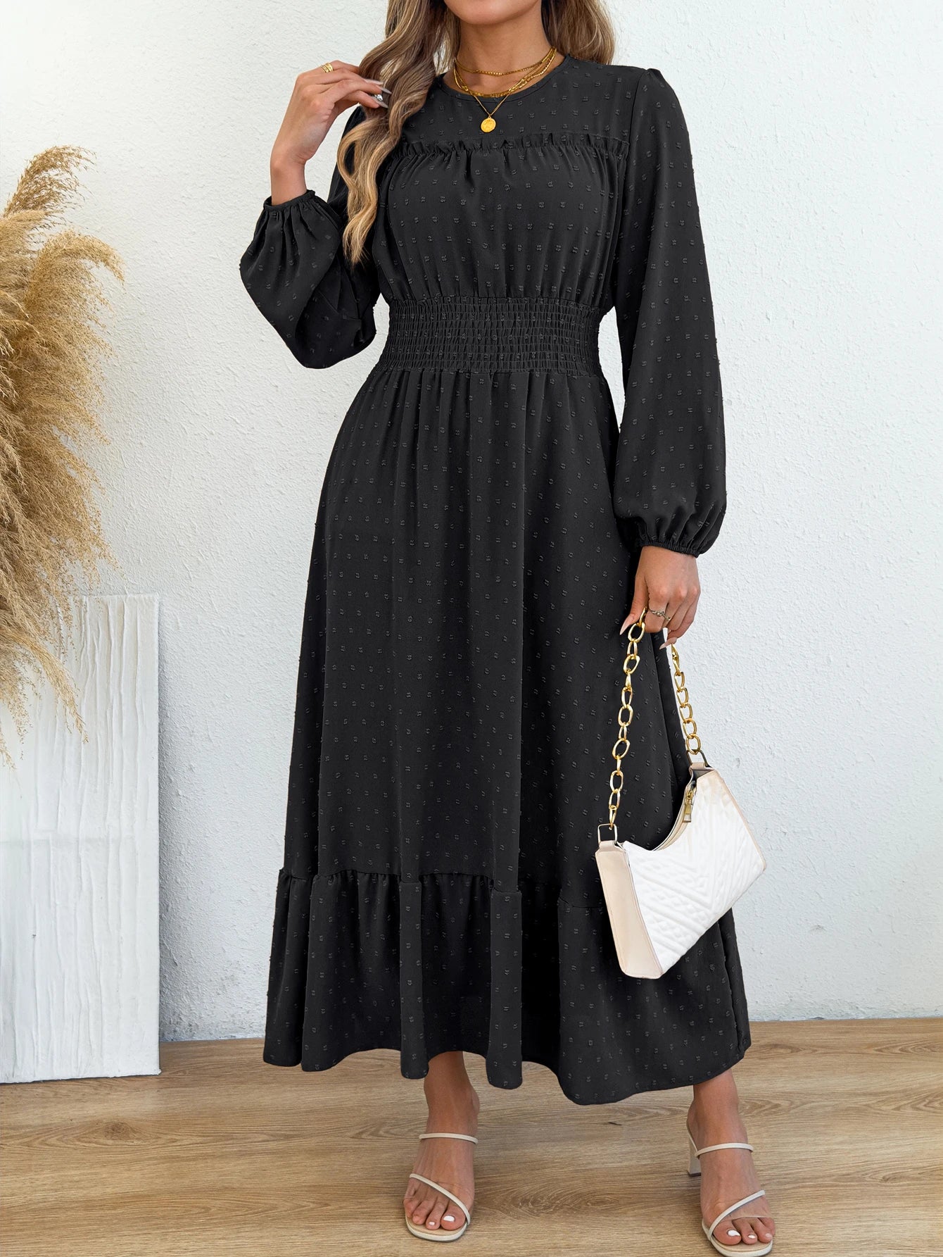 Women's Elegant Lantern Ruffled Plain Elastic Waist Maxi Dress