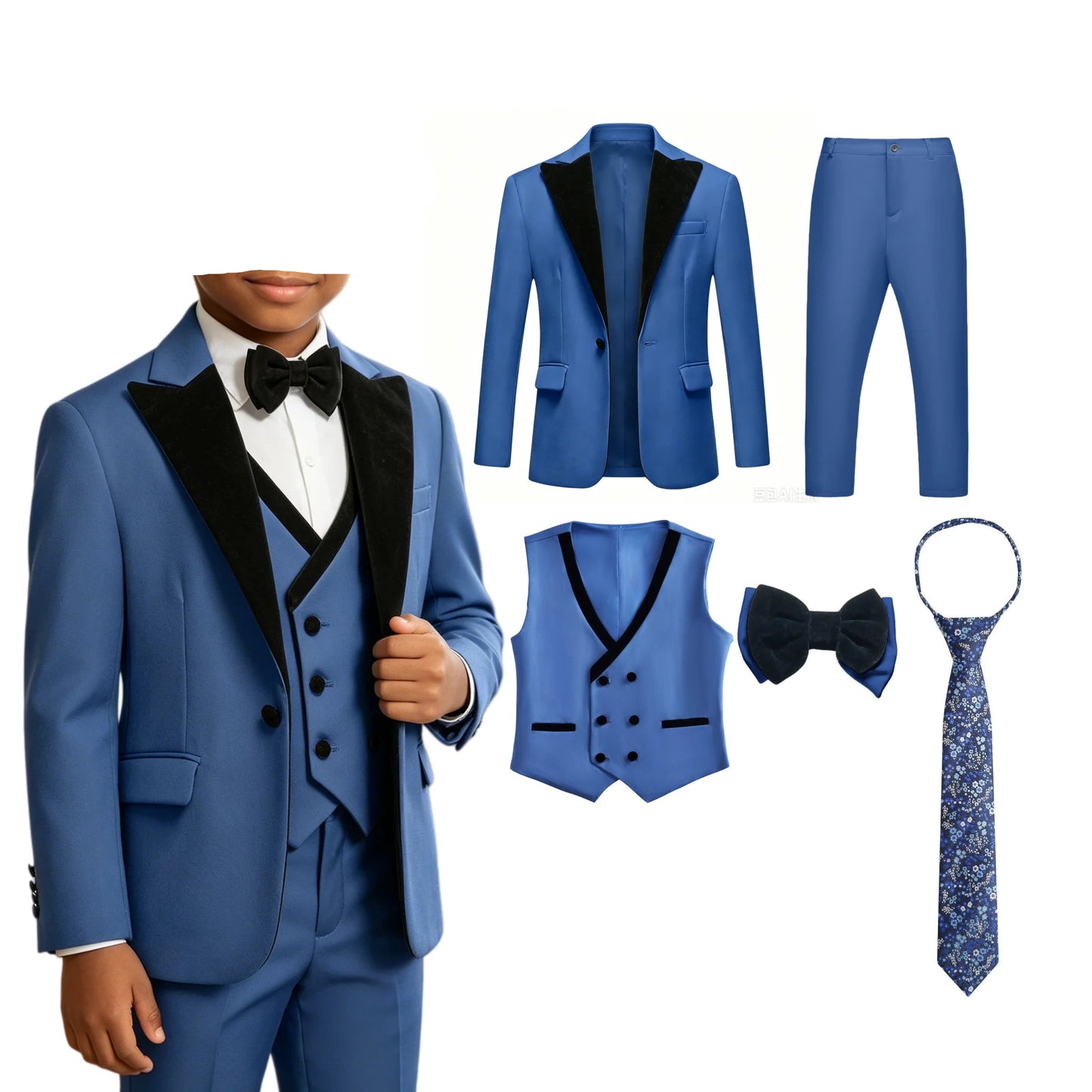 Boys 5Pcs Blazer Vest Pants Bow Tie Necktie Set