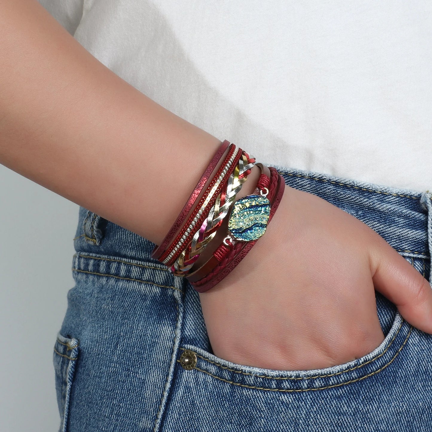 Women's Boho Colorful Stone Leather Multilayer Braided Bracelet