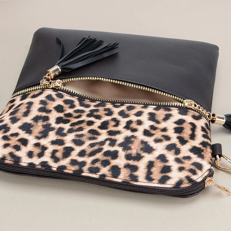 Women's Leopard Pattern Vintage Style Double Tassel Shoulder Bag