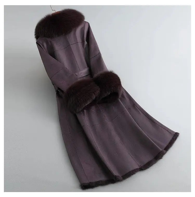 Women's Mid Length Rabbit Fur Fox Fur Collar Slim Fit Coat