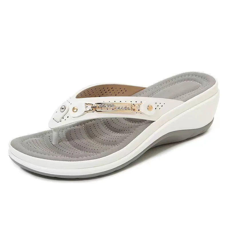 Women's Metal Butto Wedge Flip Flops Slides Slippers