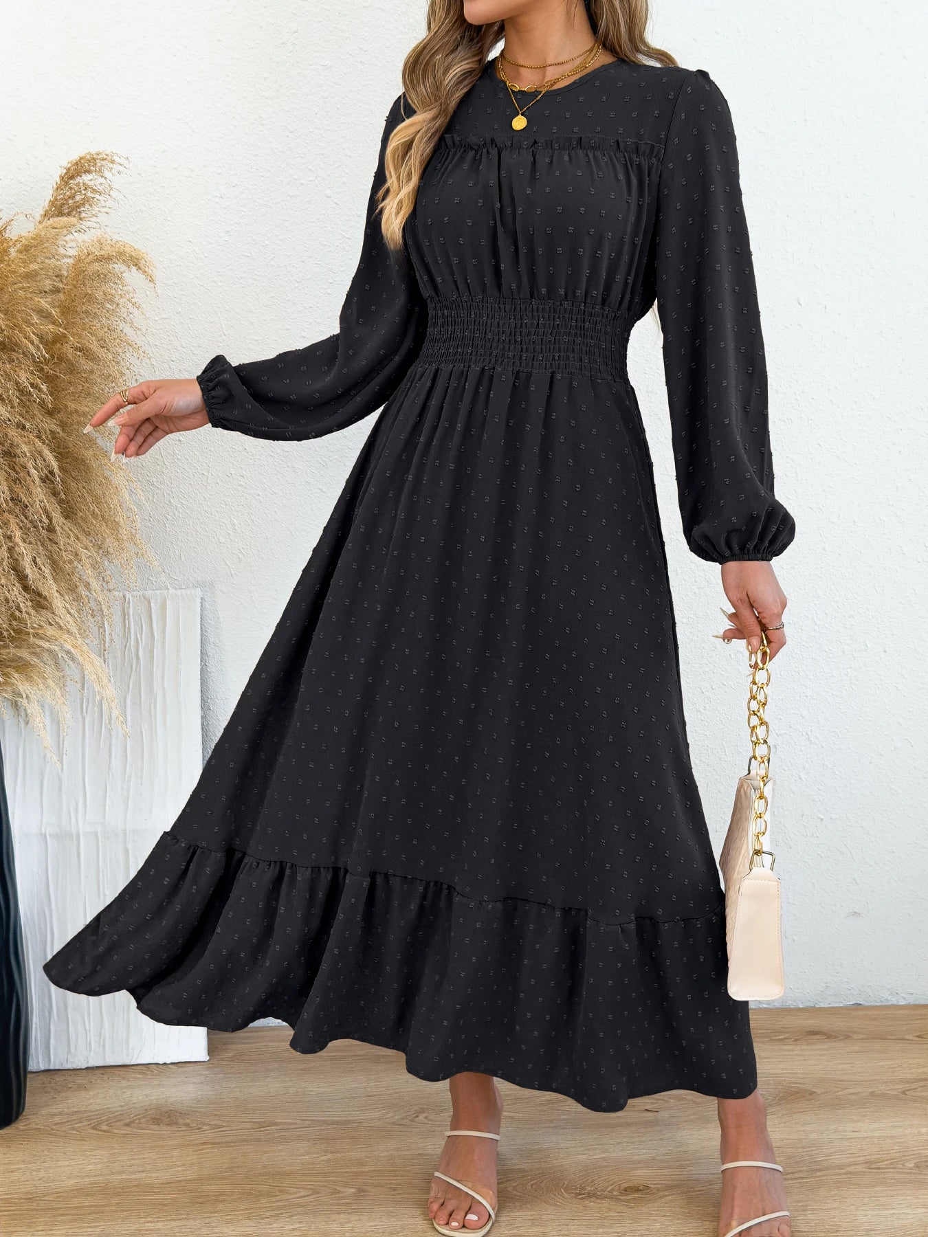 Women's Elegant Lantern Ruffled Plain Elastic Waist Maxi Dress