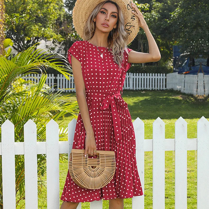 Women's High Waist Midi Elegant Pleated Polka Dots Dress