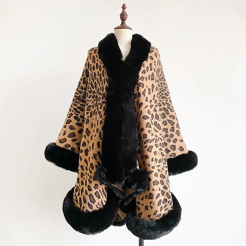 Women's Thick Warm Leopard Cloak Poncho Coat