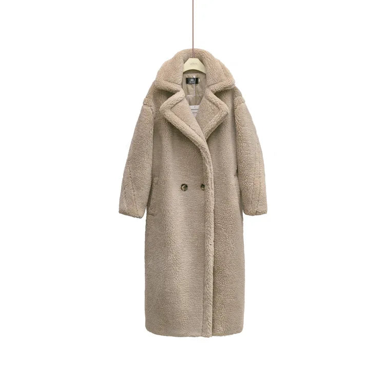 Women's Faux Fur Long Large Grain Lamb Sheep Wool Coat