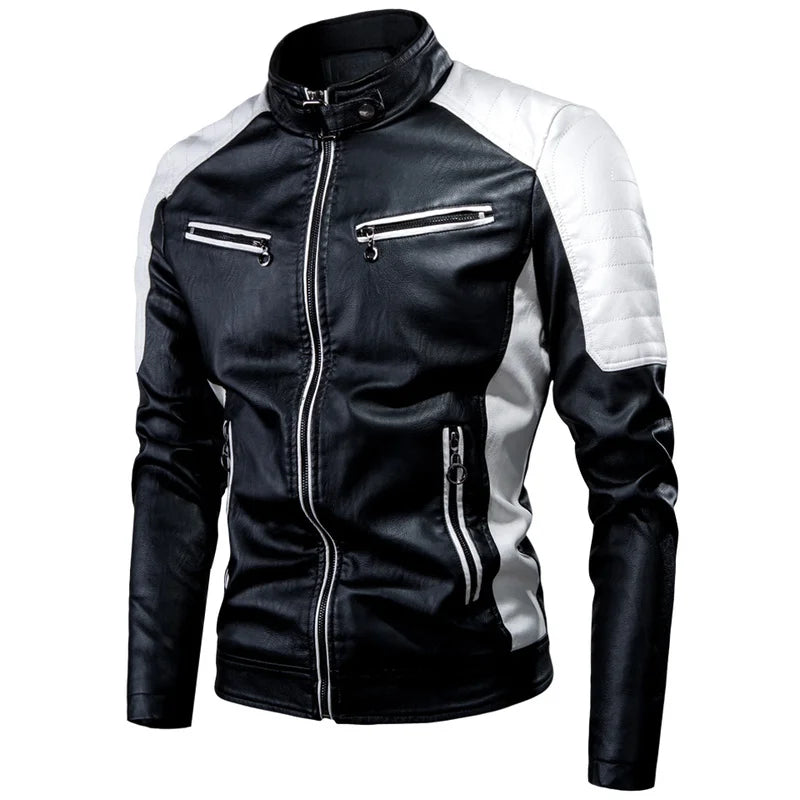 Men's Windproof Motorcycle Spliced PU Leather Jacket