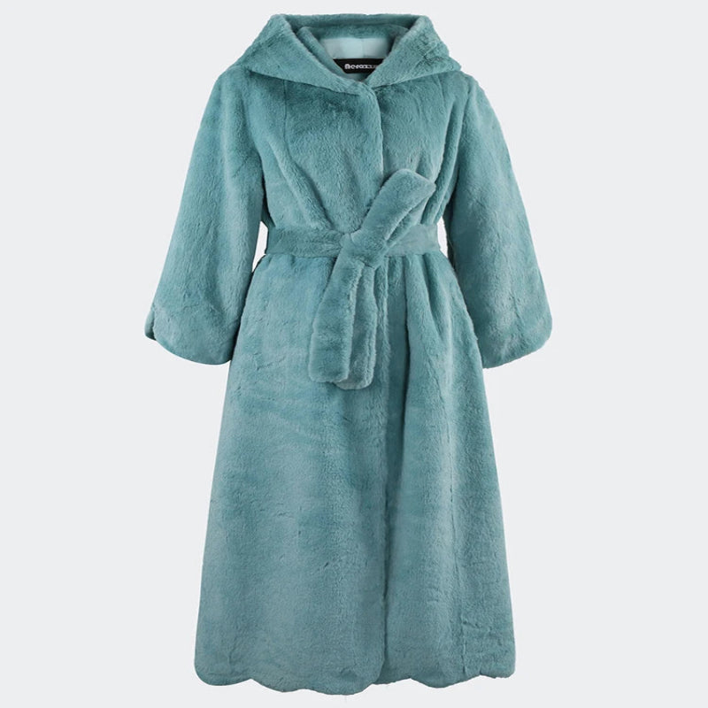 Women's Long Soft Fluffy Faux Rex Rabbit Fur Coat