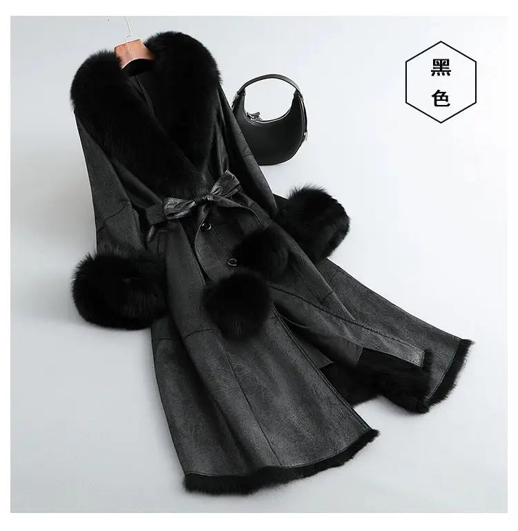 Women's Mid Length Rabbit Fur Fox Fur Collar Slim Fit Coat
