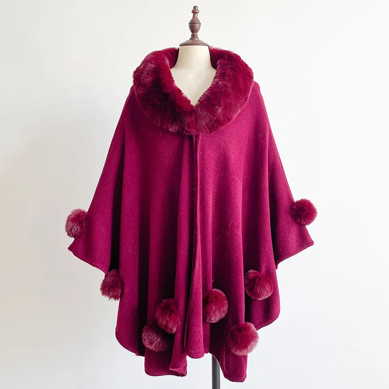 Women's Mink Wool Full Trims Faux Fur Hooded Fleece Cloak Wrap Cape