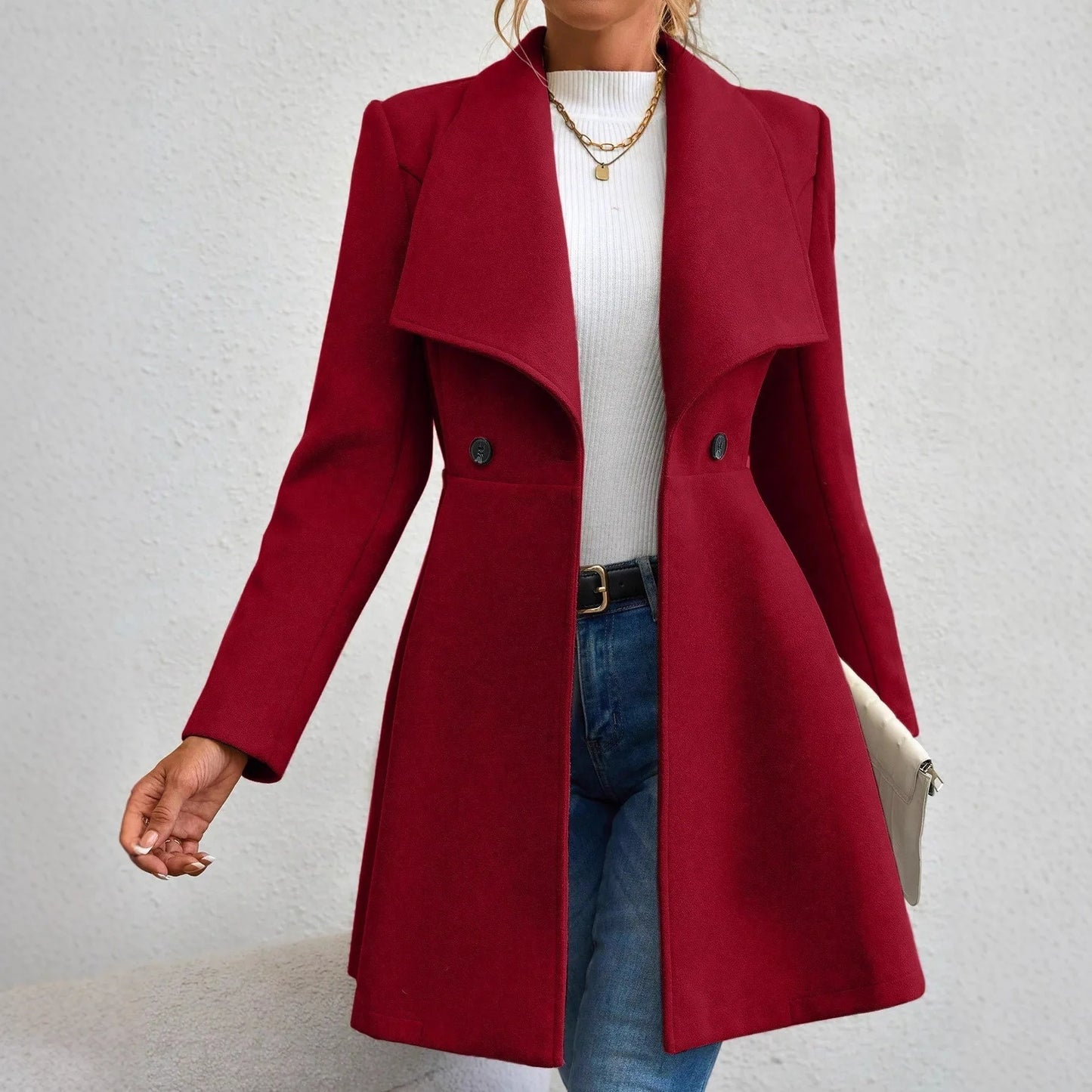 Women's Fashion Lapel Button Slim-Fit Wool Coat
