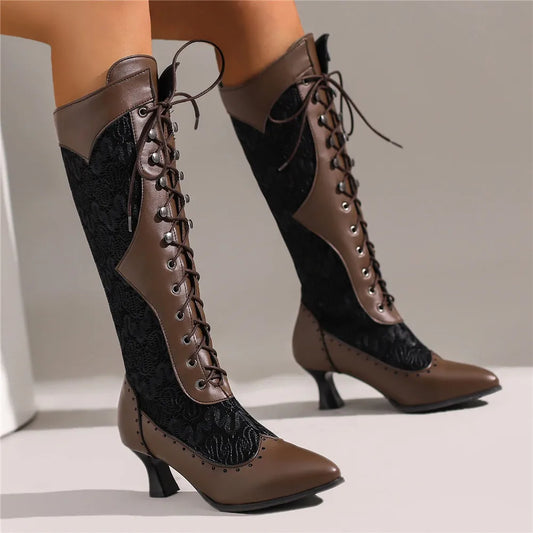 Women's Victorian Mid-Calf Leather High Heel Boots