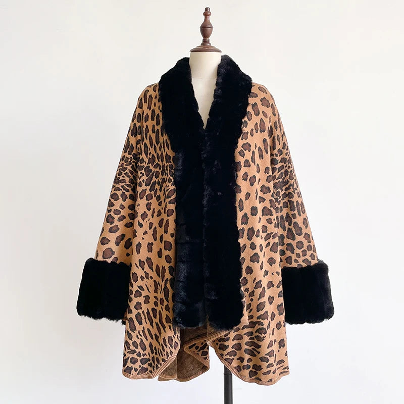 Women's Thick Warm Leopard Cloak Poncho Coat