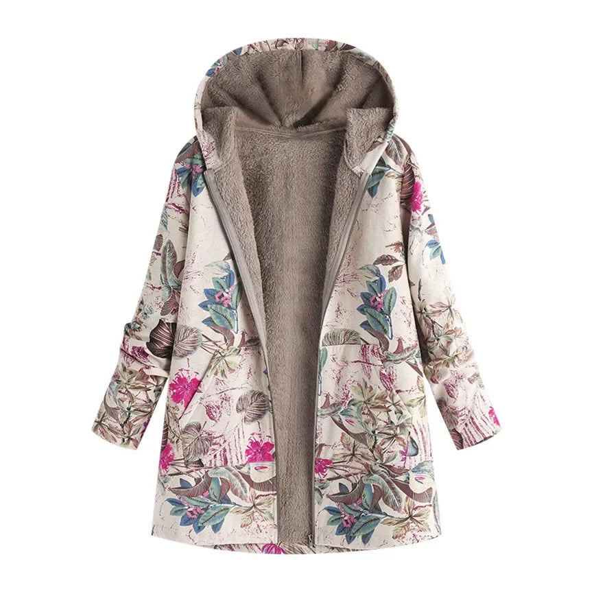 Women's Printed Hooded Long Sleeve Vintage Coat