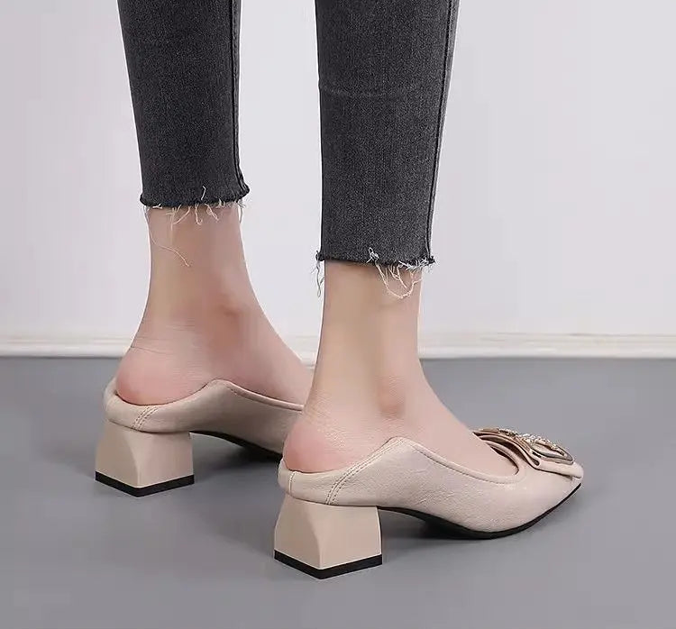 Women's Rhinestone Metal Buckle Mid Heel Pumps
