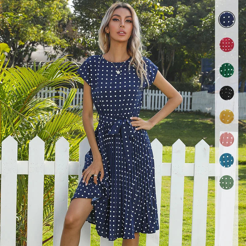 Women's High Waist Midi Elegant Pleated Polka Dots Dress
