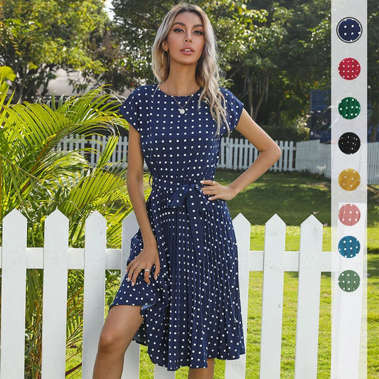 Women's High Waist Midi Elegant Pleated Polka Dots Dress