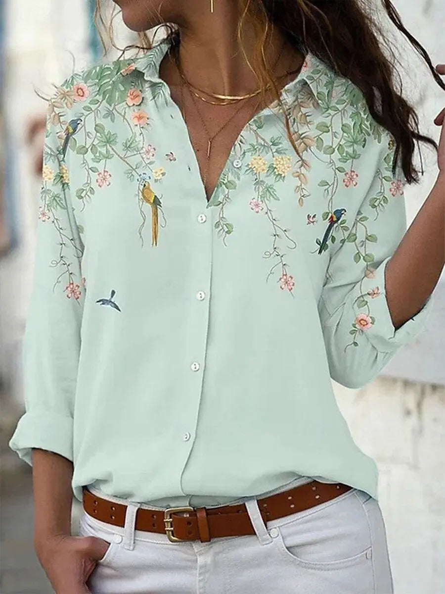 Women's Floral Graphic Stylish Long Sleeved Collar Shirt Tops
